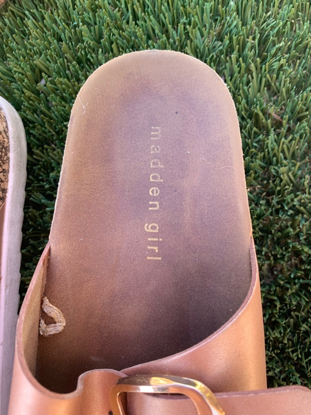 Madden Girl Bronze Brown Double Buckle Slide Sandals - Picture 2 of 3